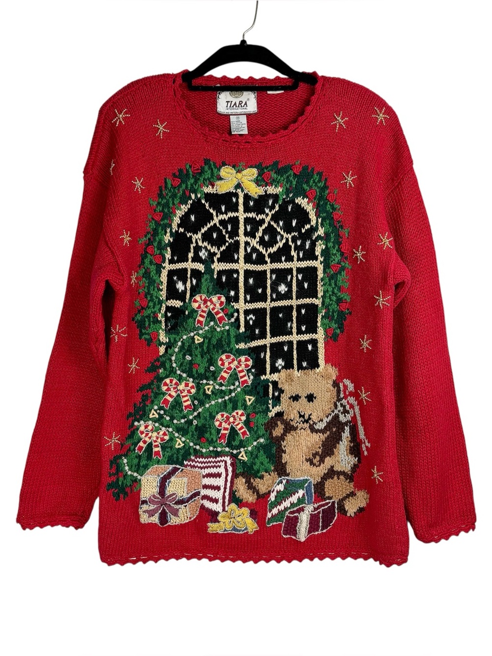 Vintage 90s Tiara International Red Christmas Sweater Sz Medium Teddy Bear Tree